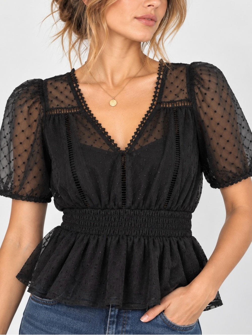 Haute Monde Sheer Swiss Dot Puff Sleeve Smocked Peplum Top S Romantic Goth